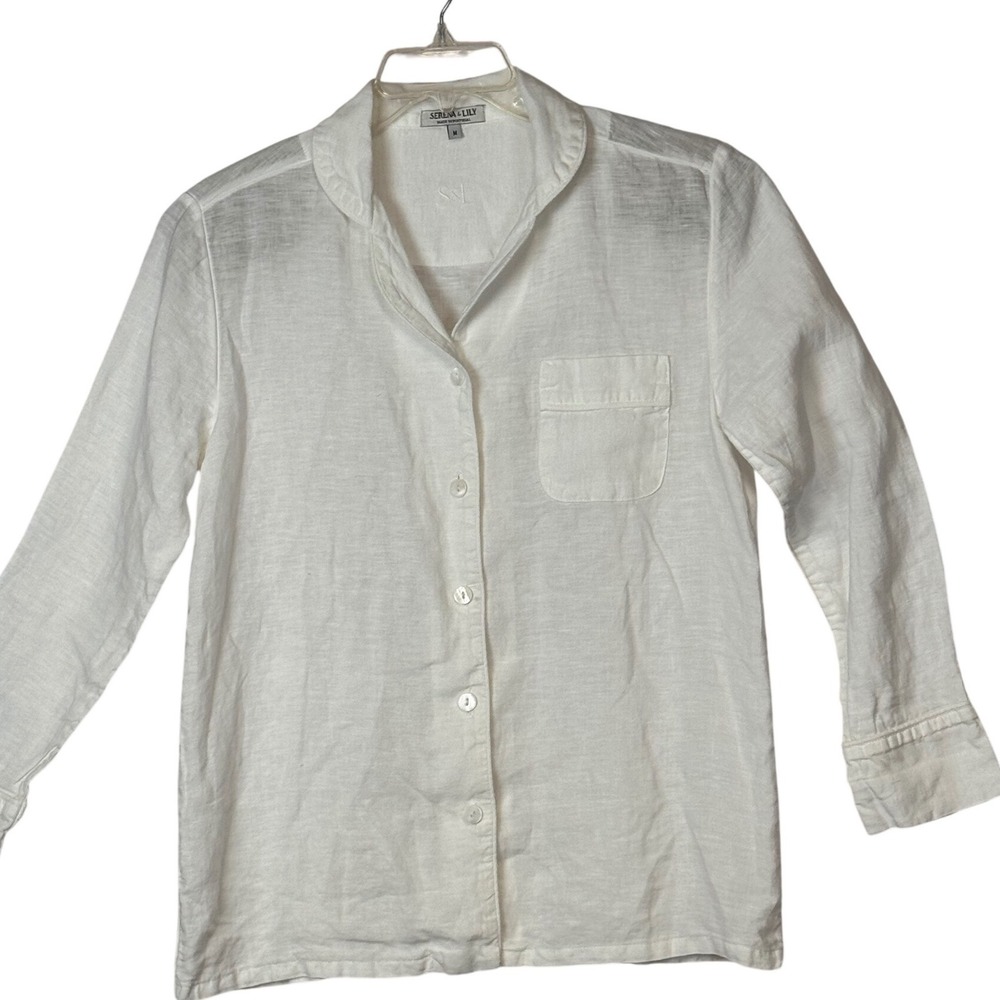 Serena Lily‎ White Linen Pajama Shirt Top Button Front Long Sleeve Size Medium